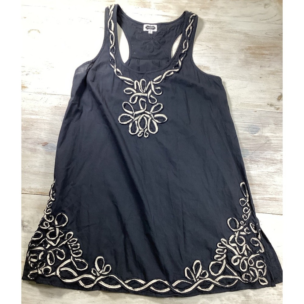 Mudpie Cotton Dress Black With White Design Boho Hippie Minimalist Women's Large